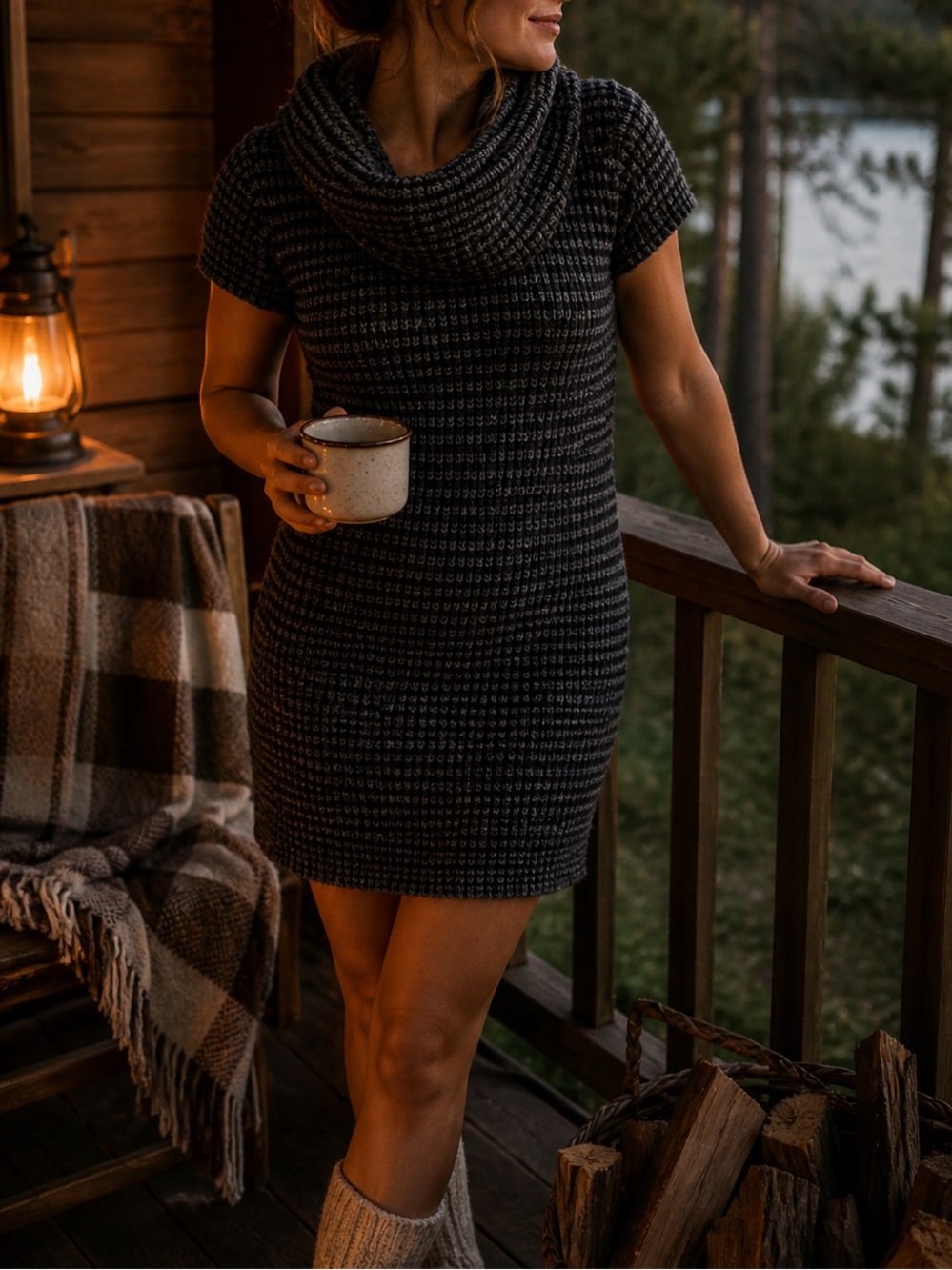 Cozy Knit Sweater Dress Mini Cowl Neck Cabin Core Cottagecore M Summer Night